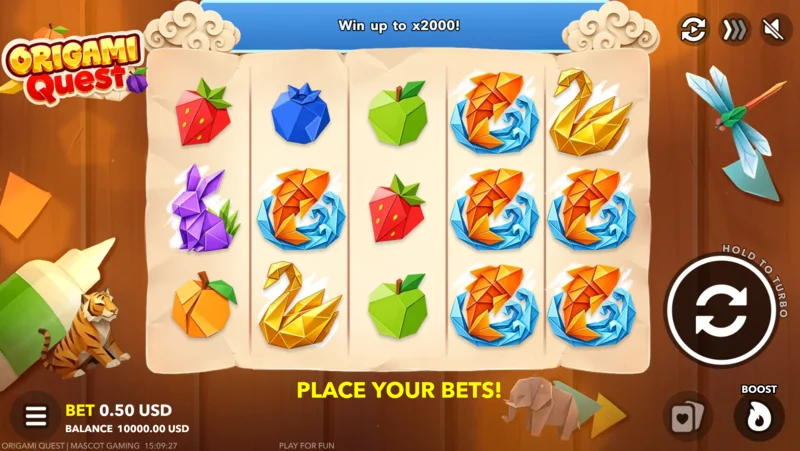 Origami Quest - หน้าจอเกมพร้อมแผงการเดิมพันและปุ่ม Boost